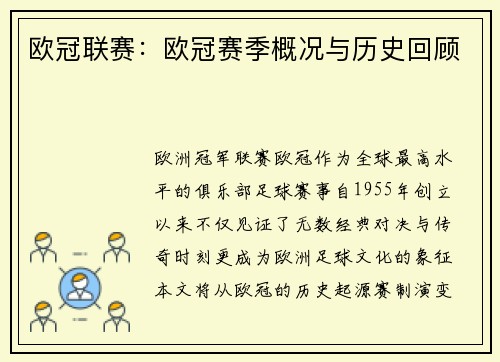 欧冠联赛：欧冠赛季概况与历史回顾